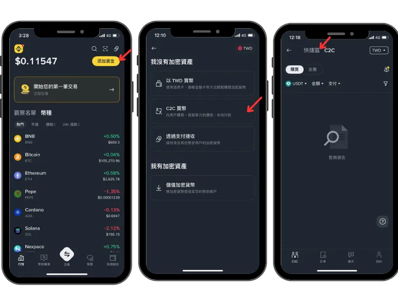 幣安 C2C 交易步驟 1：選擇 C2C 快捷買幣