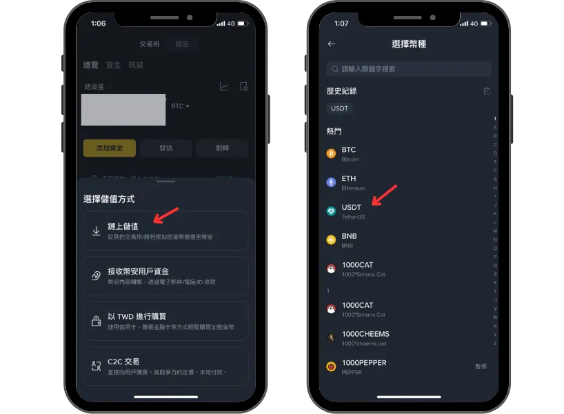 透過 Max 幣安入金步驟 3：使用幣安儲值「USDT」